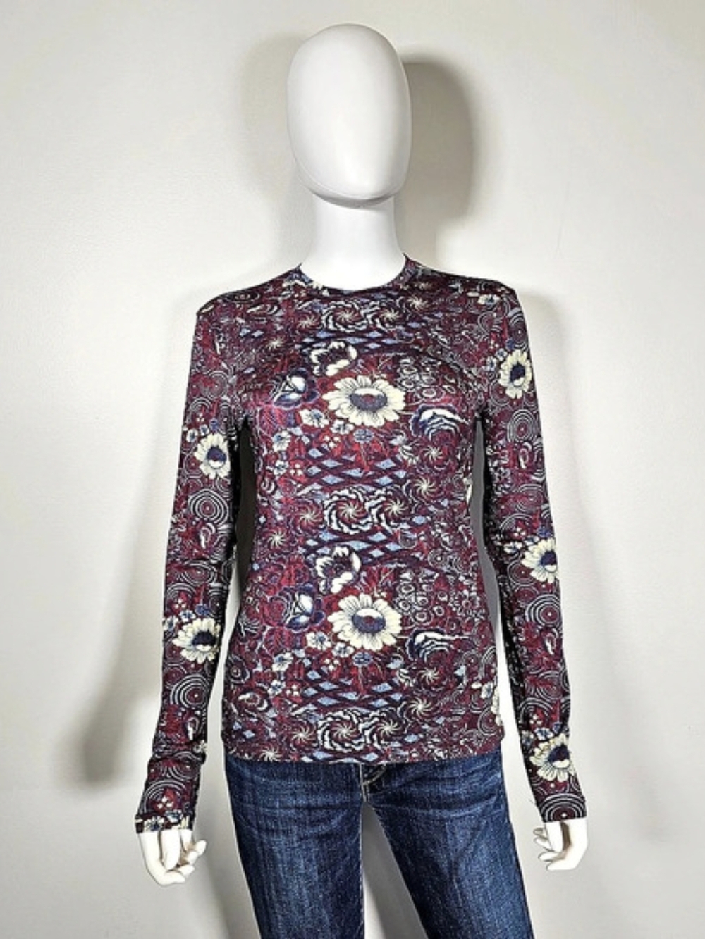 Ulla Johnson Autumn Winter 2022 Floral Long Sleeve Top in Burgundy Size M